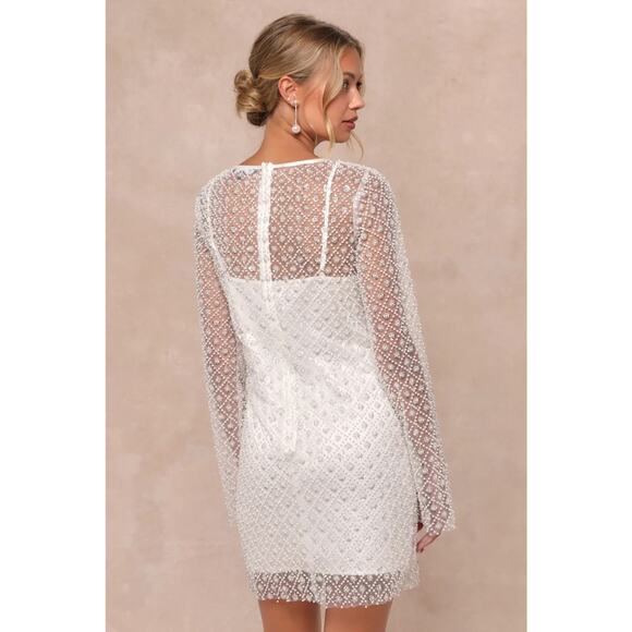 NWT Lulus Glowing Charisma White Sequin Pearl Mesh Long Sleeve Dress Bride Sz XL - Picture 3 of 11